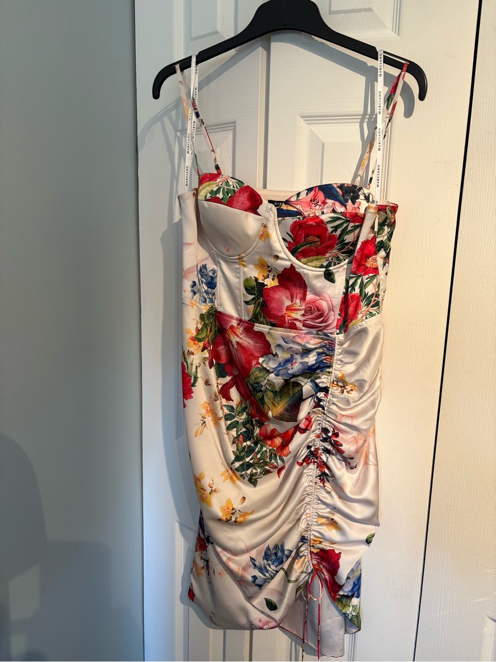 Marciano White Satin Floral Ruched Mini Dress with Red & Blue Bloom
